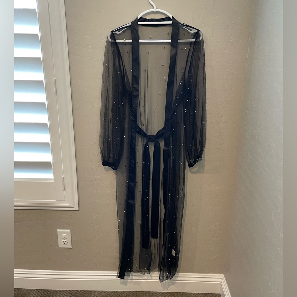1 Left! Black Tulle Open Front Duster Kimono w/Silver Beads - Picture 8 of 9